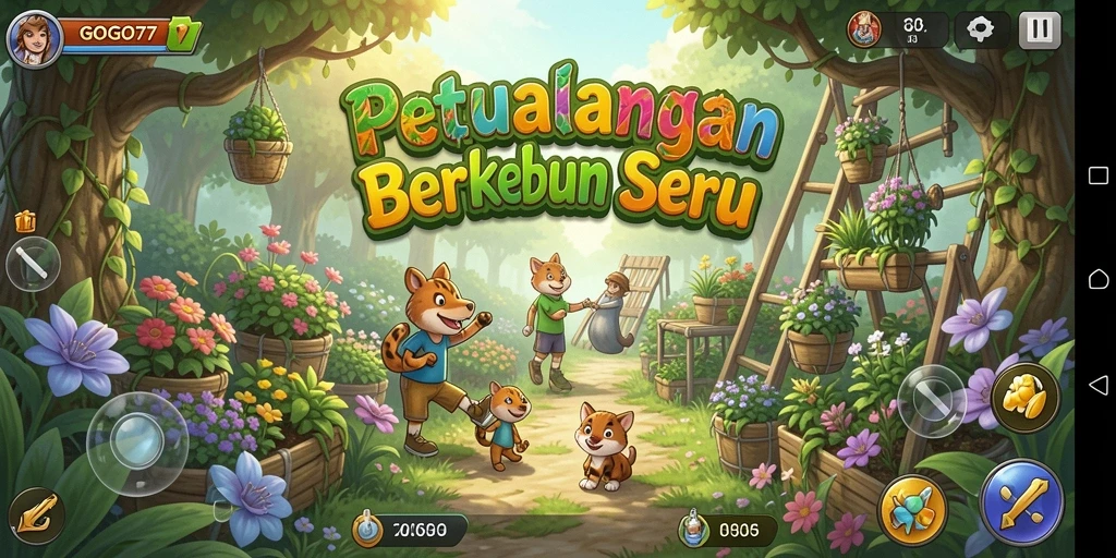 Screenshot gameplay GOGO77 menampilkan kebun yang indah dan penuh warna.