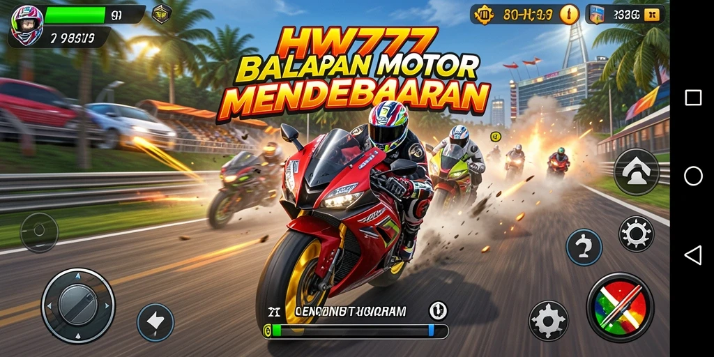 Screenshot HW777 menampilkan aksi balapan yang cepat dan seru.