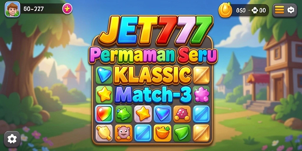 Tampilan gameplay seru JET77 dengan elemen Match-3 yang berwarna-warni.