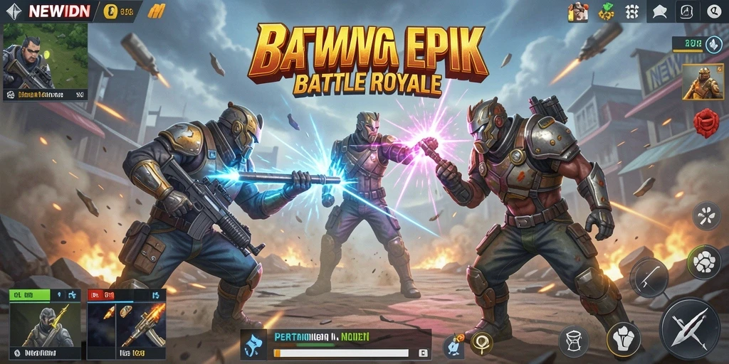 Tangkapan layar gameplay <strong>NEWIDN</strong> yang menunjukkan aksi seru di arena Battle Royale.