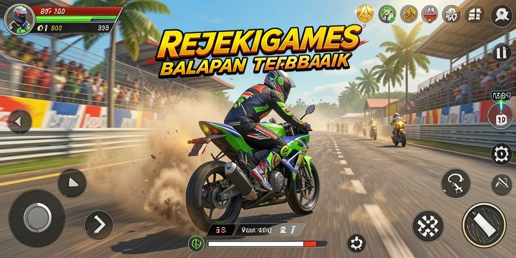Screenshot gameplay REJEKIGAMES yang menampilkan aksi balapan motor.
