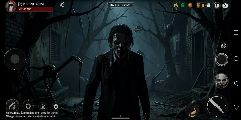 Screenshot gameplay RP8 menampilkan atmosfer horror yang mencekam.